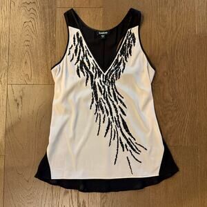 Vtg Bebe Y2K Silk Tank Top S Black Ivory Sequin Embellished Plunge V-Neck